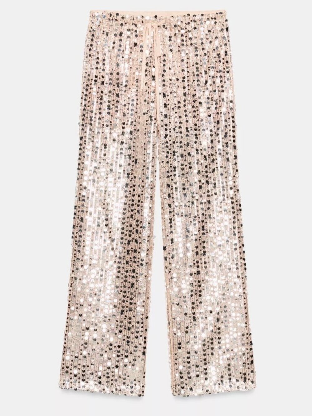Zara Champagne Silver Sequin Leg Pants Drawstring Size XS NWT